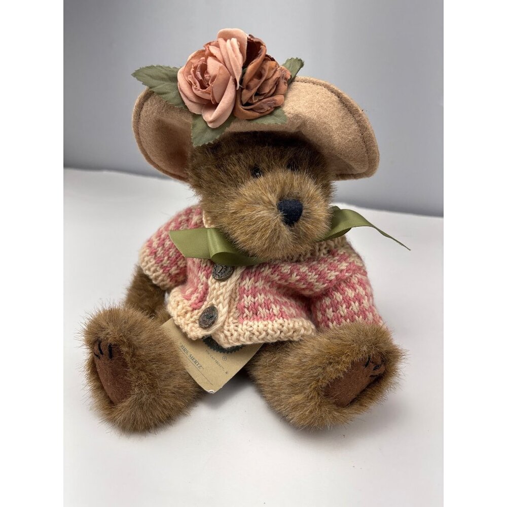 Boyds Bears Mrs. Mertz Collectible Plush Teddy Bear Pink & Cream Sweater Flowers